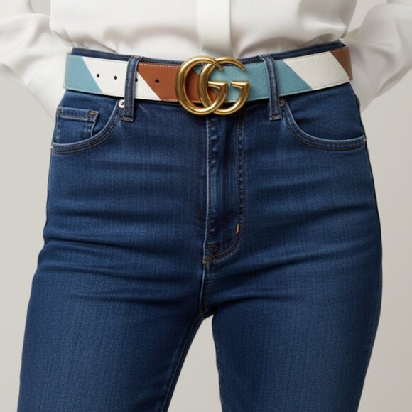 Gucci Calfskin Leather Belt Unisex GG Marmont 85cm Gold Double G 400593 - Picture 7 of 14